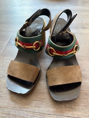 Gucci Women’s Brown Suede & Green Red Web Slingback Sandals